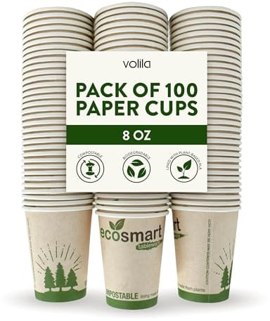 volila Paper Coffee Cups 100 Pack, 8 Oz Recyclable Coffee and Tea Paper Cups, Compostable Cups for Hot Chocolate and Cappuccino, Biodegradable Cups Perfect for Office and Cafe