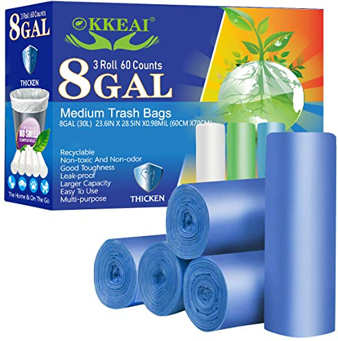 OKKEAI 30 Liter Biodegradable Kitchen Trash Bags - Thicker 0.98 MIL Recycling Bags, Medium Wastebasket Liners for Home Office, Lawn, Bathroom - 60 Count- Blue
