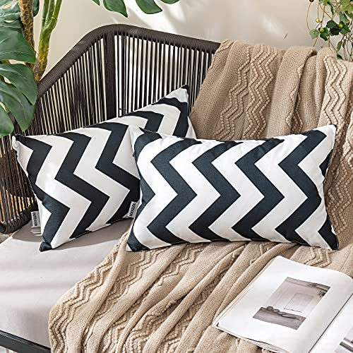 MIULEE 2er Set Outdoor Kissenbezüge Wellen Gestreift Kissenbezug wasserdichte Kissenhülle Dekokissen Sofakissen Dekorativ Couchkissen Bezug für Sofa Wohnzimmer Balkon Garten 30x50 cm Schwarz
