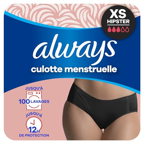 Always - Culotte Menstruelle Hipster Lavable, XS, 36-38, 1 Sous-vêtement Pour Règles, Noir, Flux Moyen À Abondant, Réutilisable Jusqu’à 100 Lavages, Jusqu’à 12h De Protection, Confort Toute la Journée