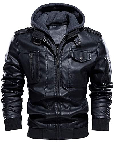CARWORNIC Giacca da uomo in finta pelle invernale calda casual moto bomber cappotto in pelle con cappuccio rimovibile, Nero , L