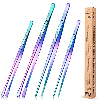 4 Pincettes de cuisine en acier inoxydable, 12 et 10 pouces, longue pincette arc-en-ciel pour la cuisine, les réparations, les fruits de mer et le BBQ