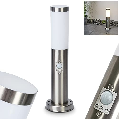 Außenwegeleuchte Sessa mit Bewegungsmelder, moderne Sockelleuchte aus Metall/Kunststoff in Nickel-matt/Weiß, Wegeleuchte 45,5 cm, Gartenlampe m. E27, Gartenbeleuchtung IP44, ohne Leuchtmittel