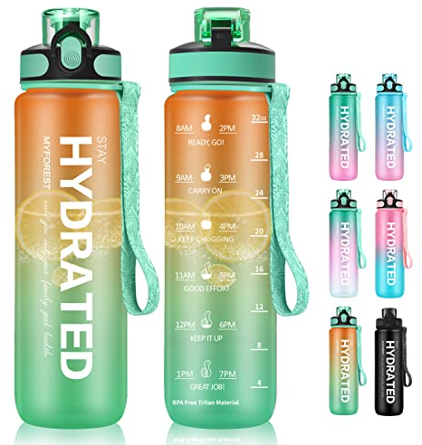 MYFOREST 1000ml/32oz Sports Water Bottle, Time Marker for Motivational Hydration, Drop-proof, BPA-free, Wide Mouth for Easy Clean: Cold/Hot/Carbonated/Cider