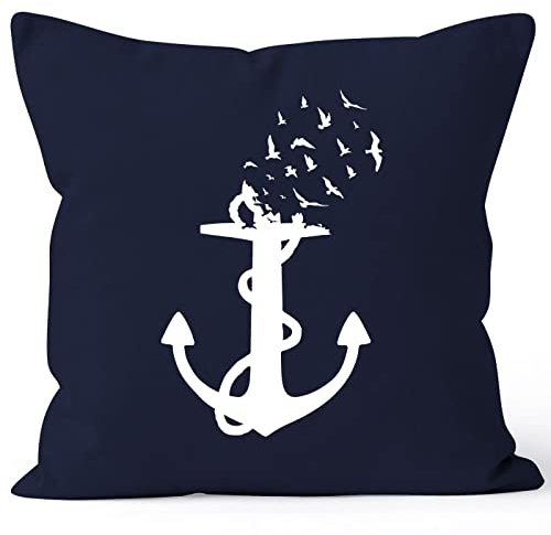 MoonWorks® Kissenbezug Anker-Motiv Vögel Print Aufdruck Maritim Nordisch Bedruckt Dekokissen Navy 40cm x 40cm