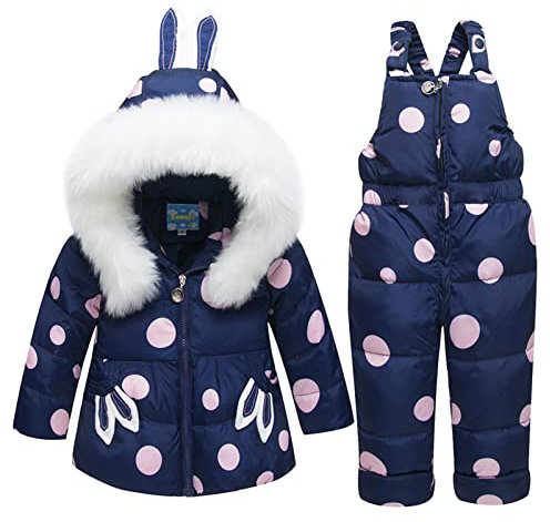 2 Pezzi Bambina Tuta da Neve per Bambini Piumino con Cappuccio Cappotto + Pantaloni da Neve Set da Sci Per Bambini 2-3 Anni Blu