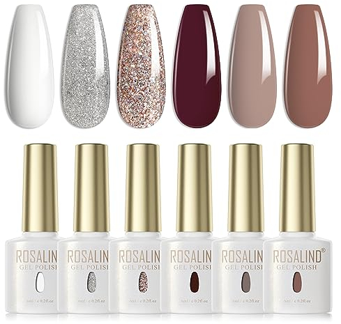ROSALIND UV Nagellack Set, 6 Farben Weiß Braun Glitzer Silber Braun Soak Off Gel Polish für Gelnägel UV/LED Lampe Nagel Salon Design Kit 6ml