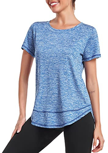 Deaviya Sport T-Shirt Damen, Kurzarmshirt Frauen, Workout Tops Rundhalsausschnitt Athletisch Lässig Laufen Yoga Fitness T-Shirts Locker Seite Split Tee
