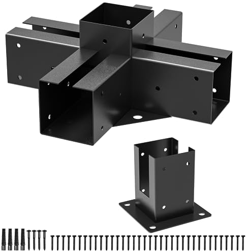 TROPTOLKY 4x4 Pergola Brackets Kit, 5-Way Powder-Coated Woodworks Corner Brackets, 1 Bracket Shoulders & 1 Wood Post Base, 2PCS Woodwork Pergola Kit Elevated Wood Stand Kit