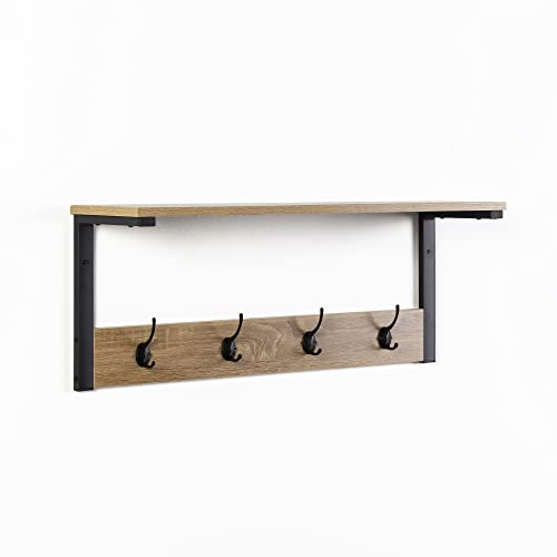 HOMN LIVING Portemanteau Mural Arlet avec 4 patères et 1 étagère, Coloris Chêne/Noir, 80 cm (Largeur) 20 cm (Profondeur) 30 cm (Hauteur)