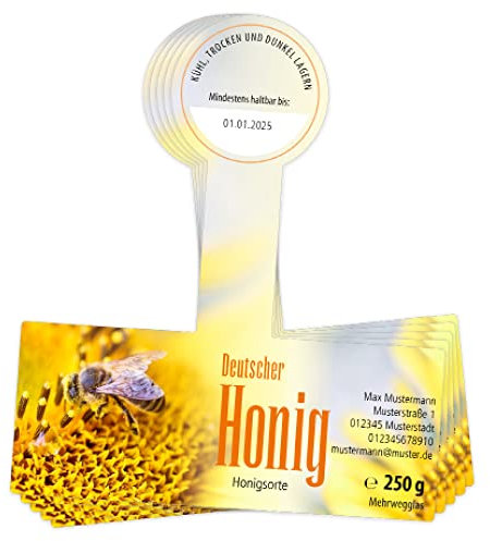 Apoidea – Honig Etiketten 250 g mit Gewährverschluss nassklebend – 300 Stück zum Stempeln/Etiketten Honiggläser/Honig Aufkleber für selbstgemachten Honig/Honigetiketten für Honiggläser