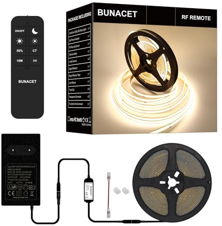 BUNACET Ruban LED COB 6M 24V, Bande LED 4000K Blanc Naturel Avec Télécommande RF & Alimentation, 480 LEDs/M, Super Lumineuse, CRI90+, Dimmable Pour Maison Cuisine DIY Décorer