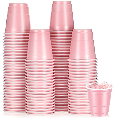 Roshtia 100 Pack 2 oz Halloween Plastic Shot Cups, Mini Disposable Shot Glasses 2 oz Party Cups for Wedding Halloween Thanksgiving Party, Beer Taste Serving, Snacks(Light Pink)
