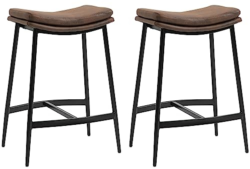 HOMCOM Breakfast Bar Stools Set of 2, Microfibre Upholstered Barstools, Industrial Bar Chairs with Curved Seat and Steel Frame for Dining Room, Kitchen, Brown