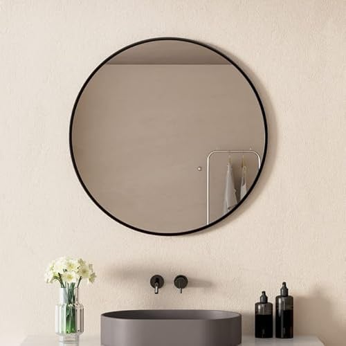 WDWRITTI Schwarz Wandspiegel 50cm Rund Spiegel mit Schwarz Rahmen, Groß Runder Wandspiegel mit Metallrahmen Schminkspiegel für Wohnzimmer, Ankleidezimmer, Schlafzimmer, Badezimmer, Flur
