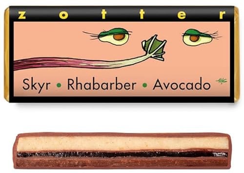 Zotter Dunkle Milchschokolade mit Avocado, Rhabarber & Skyr, handgeschöpft (70 g) - Bio