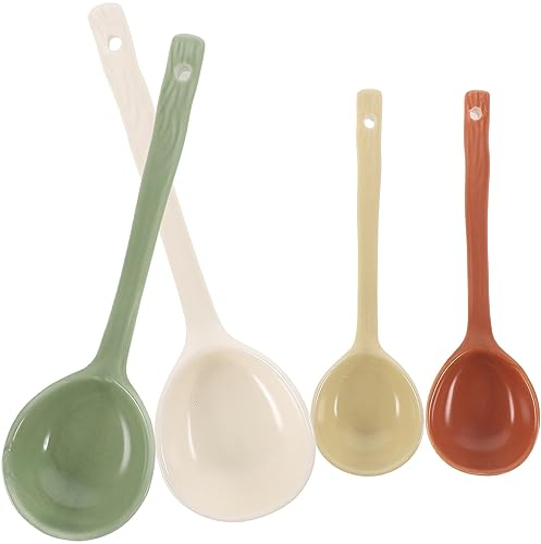 ZaKhs Chinesischer Löffel, Ramenlöffel, Löffel, 4 Stück, Keramik, Suppenlöffel, Löffel mit langem Griff, Multifunktions-Salatlöffel, Dessertlöffel, Löffel