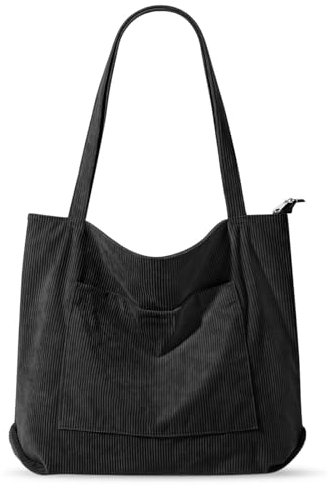 Sac Bandoulière en Velours Côtelé - Sac à Main Femme avec Fermeture Éclair et Poches (Noir)