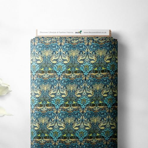 William Morris Designerstoff, 100 % Perkal-Baumwolle, klassisches Druckdesign, Quilten, Handwerk, Kleid, hochwertiges Nähmaterial, 112 cm breit (Meterware, Pfau und Drache)