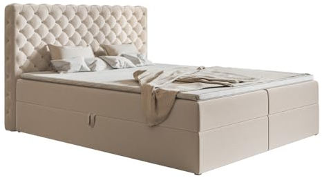 Emporius Boxspringbett 140x200 cm Doro - Doppelbett mit Matratze, Zwei Bettkästen & Topper - Chesterfield, Glamour - Beige (Amor Velvet 4304)