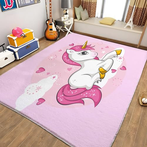 Rose Tapis Salon Licorne de Dessin animé Moderne Garçons Filles Adolescents Tapis de Chambre 3D Imprimé Flanelle Tapis de Salon Cuisine Runners Living Room Carpet Rugs 60 x 90cm