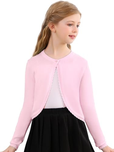 Soudittur Bambine Bolero Cardigan Cotone Coprispalle Maniche Lunghe e Girocollo per Ragazze Cerimonie, Feste, Usura Quotidiana (IT, età, 5 Anni, 6 Anni, Regular, Rosa)