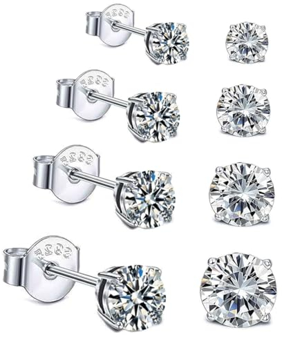 4 paires de boucles d'oreilles dames en diamant fille 3, 4, 5 mm boucles d'oreilles mâles et femelles, Argent,… (C)