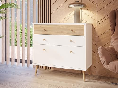 Forte Harllson, einfache Montage Dank EasyKlix Kommode Weiß mit Holzdekor: Mauvella Eiche, Sideboard mit 3 Schubladen, Mid Century Stil, 90 cm breit x 86 cm hoch x 41 cm tief