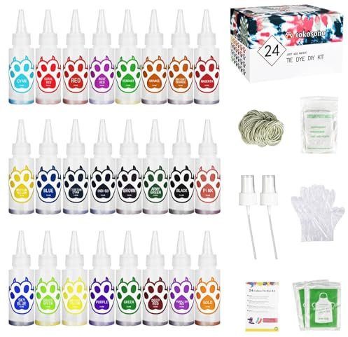 Handgefertigtes Batik-Set – Textilfarbe mit 24 lebendigen Farben | Batik-Kit | Batik-Kit vorgefüllte Flaschen für Kinder und Erwachsene, für Stoff Textil handgefertigt 120 x Gummiband