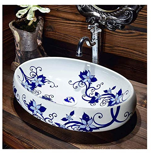 OOMRNV Lavabo de baño Fregadero de recipientes Lavabo de encimera, Porcelana Vintage Fregadero de Recipiente sobre encimera Fregaderos de Tazón de Arte de baño de encimera Ovalada de,