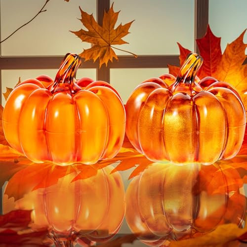 Herbstdeko Kürbis Deko mit LED Licht,2 Stück Herbst Deko Kürbis Laterne,Kürbis Beleuchtet,Herbst Deko Kürbis,Kürbis Halloween Deko,Kürbis Laterne Deko Figuren,Herbst Dekoration Licht fur Tischdeko