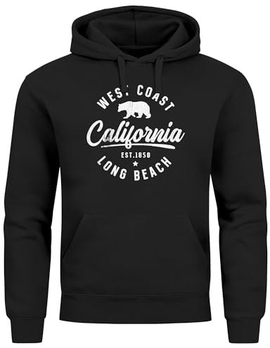 Neverless® Hoodie Herren Print California Aufdruck Bär Long Beach Kapuzen-Pullover Männer Fashion Streetstyle schwarz XL