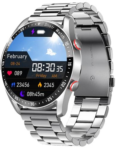 Reloj Inteligente hombre, Pantalla Táctil 1.28 HD Smart watch, Pulsera Actividad, Pulsómetro Monitor de Sueño, IP67 Impermeable, Bluetooth 5.0, SmartWatch para iOS Android, Plata Acero Inoxidable