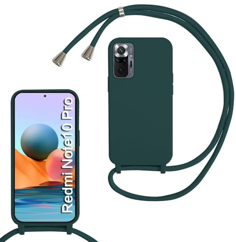 SLWYF Kompatibel mit Xiaomi Redmi Note 10 Pro/Note 10 Pro Max Hülle, Handykette Hülle Silikon Seil Necklace Handyhülle mit Kordel Tasche TPU Bumper Schutzhülle für Redmi Note 10 Pro - Dunkelgrün