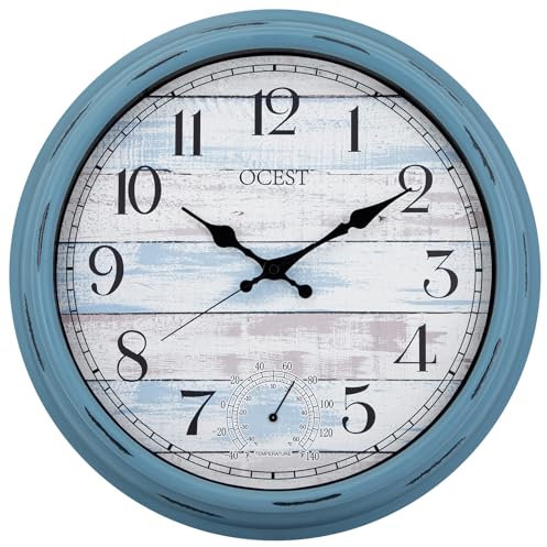 OCEST 16 Inch Garden Clocks Outdoor Waterproof, Large Wall Clock with Thermometer, Silent Non-Ticking Battery Operated Decor for Patio Pool Porch Garden