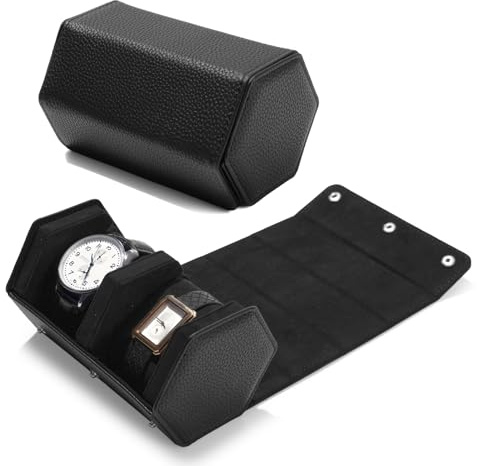 Papten Uhren-Reiseetui, Echtes Leder, 2 Uhrenrollen, Schützender Organizer Für Armbanduhren (Schwarz)