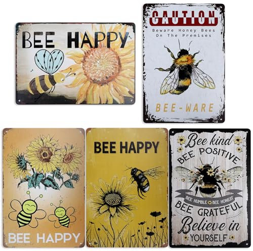WIYETY 5 Stück Vintage Blechschild Biene Warnschild: 20x30cm Biene Metallschild im Landhausstil, Bienenhausdekoration, Bienen Deko Accessoire, Bienen Vintage Dekoration zum Aufhängen von Familienfoto
