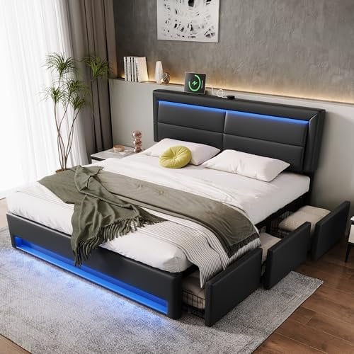 Polsterbett Doppelbett 180x200 cm mit 3 Stauraum Schubladen, LED Bett mit USB-Anschluss, Stauraumbett mit Hydraulische Metallrahmen und Lattenrost aus Holz, Schwarz, Ohne Matratze (180 x 200 cm)