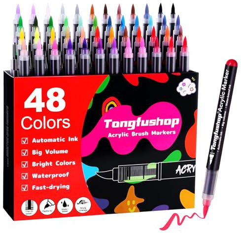 Tongfushop 48 Colors Acrylic Paint Pens, Acrylic Brush Markers with Automatic Ink Control System, Water-Based Art Colouring Pens for Rock Painting, Stone, Ceramic, Metal, Paper, Glass, Fabric, Wood