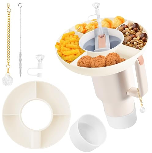 GoaePode Silicone Snack Tray for Stanley Cup 40 oz, Reusable Snack Bowl Accessory Kit with Straw Topper Cover Straw Brush, 4 Compartment Food Holder Accessories for Popcorn Car Movie (White)