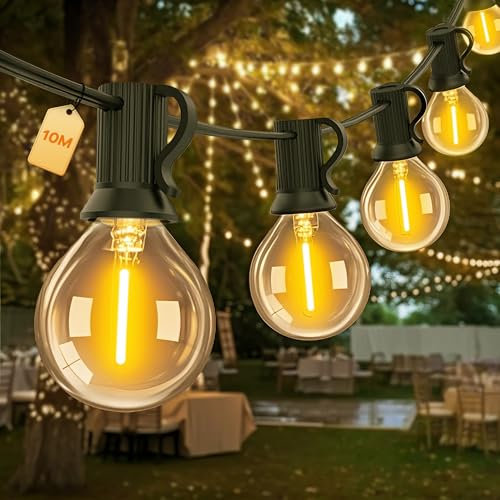 Lichterkette Außen LED Outdoor Strom,10M mit 15+1 G40 LED Birne,Wasserdicht IP44 Balkon Garten Glühbirnen,2700K Warmesweiß Party Terrasse Innen-Aussen lichterkette Lights,Hochauflösendes Glas Birne