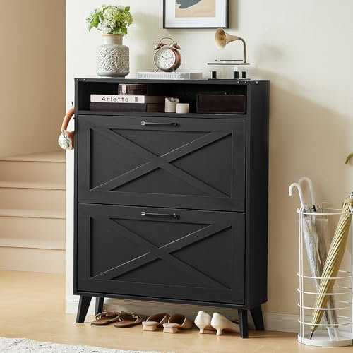 LELELINKY Schuhschrank mit 2 Klapp-Schubladen – Landhaus schwarz Schuhorganizer für Flur – Schmaler Schuhregal mit Beinen & offen Fächern – Freistehender Schuhschrank für Diele, Flur,80x24x113cm