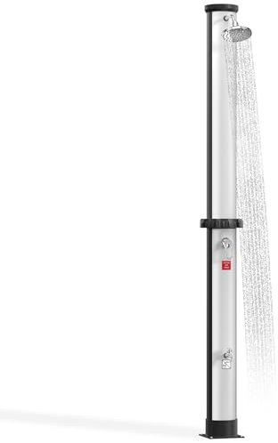 QEENTOE Solardusche 40 Liter Aussendusche Gartendusche Pooldusche Außendusche mit Temperaturregelung (bis 60°C) Inkl. Regenduschkopf & Wasserhahn ohne Stromanschluss Schnelle Montage - Silber