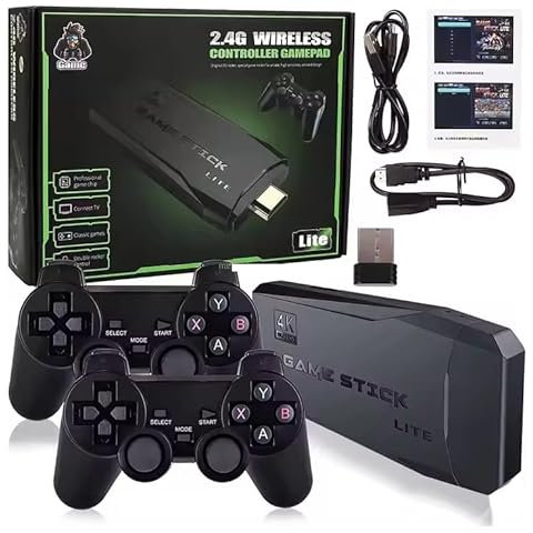 Family TV Game Console Stick – 64GB Built-in 20,000+ Retro Games, 4K HD Output, 2 Wireless Controllers, Plug & Play Classic Video Game System