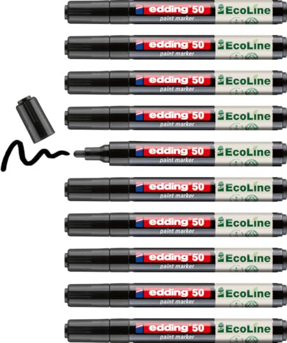 edding 50 EcoLine paint marker – black – pack of 10 – round nib 2-3 mm – water-based ink, highly opaque & waterproof – pen for glass, stone, wood, plastic and paper