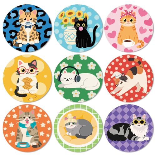 ANATTASOUL 9 Pezzi di Pattern Gattino Dei Cartoni Animati Sottobicchieri Legno, Sottobicchieri per Bevande,Coaster per Tavolino del Caffè, Decorazione per Cucina e Sala da Pranzo