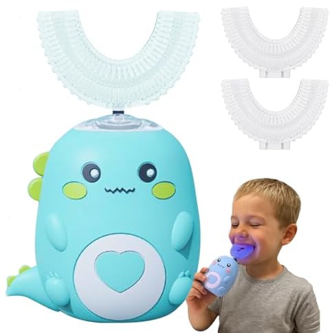 360º Ultraschall-Zahnbürste für Kinder, elektrische Zahnbürste mit 2 Köpfen Silikonbürste in U-Form, wiederaufladbar und wasserdicht – für Zuhause, Reisen, eine Verwendung (grün 2 ~ 6 Jahre)