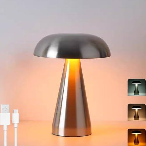 LOGT Pilz Tischlampe Kabellos Akku Pilzlampe USB Aufladbar Batterie Pilz Lampe Dimmbar mit Touch Control Tischleuchte Innen und Außen Flowerpot Lampe für Schlafzimmer Kinderzimmer Camping,Silber