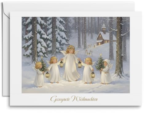 Kartenkaufrausch Nostalgische Weihnachts Glückwunschkarten 10er-Set – Engel & Tannen im Winter – Grüße mit „Gesegnete Weihnachten“