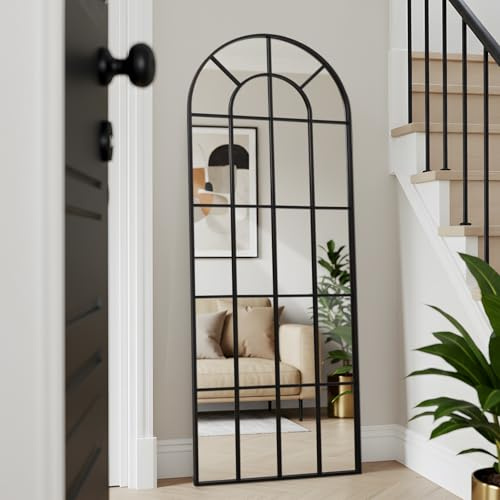 LunaMirror 76 x 180 cm Wandspiegel Fenster Spiegel Dekorativer Hängespiegel Schwarzer Aluminiumrahmen Gewölbter Wand Spiegel für den Wohnzimmer, Flur, Eingang, Außenbereich, Gartendekoration